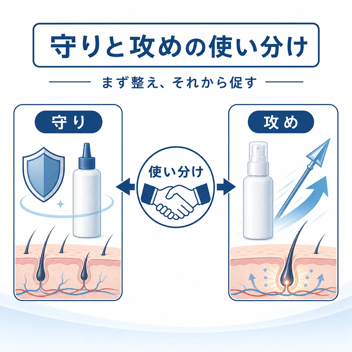 環境を整える成分と発毛を促す成分の役割の違いを対比した医療イラスト