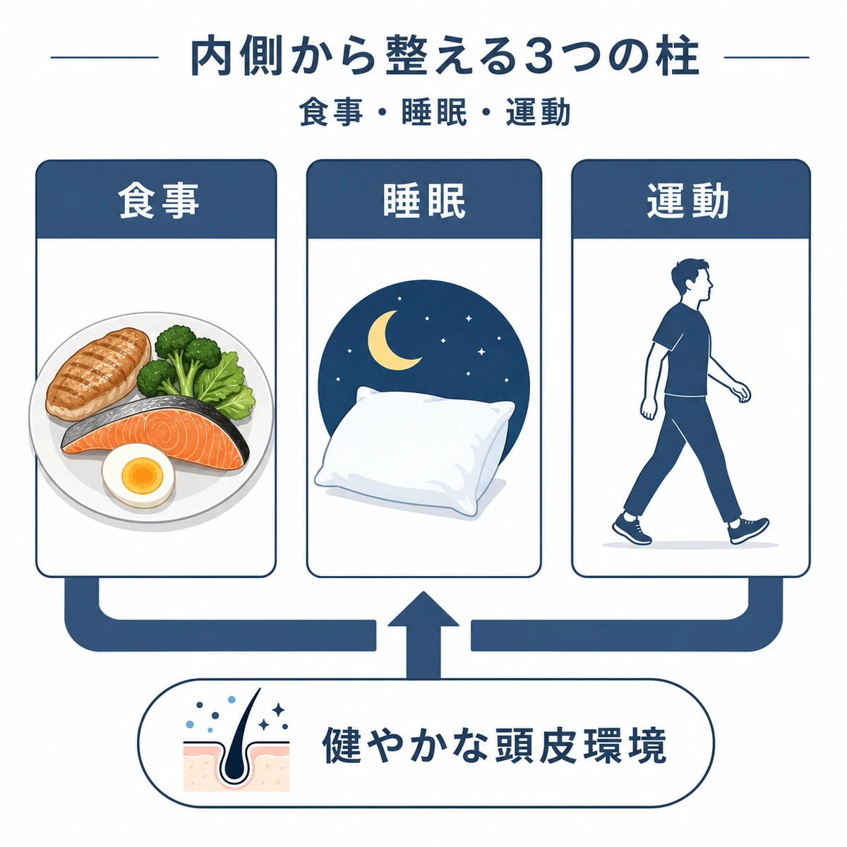 食事と睡眠と運動で頭皮環境を内側から整える3つの生活習慣を表した解説イラスト