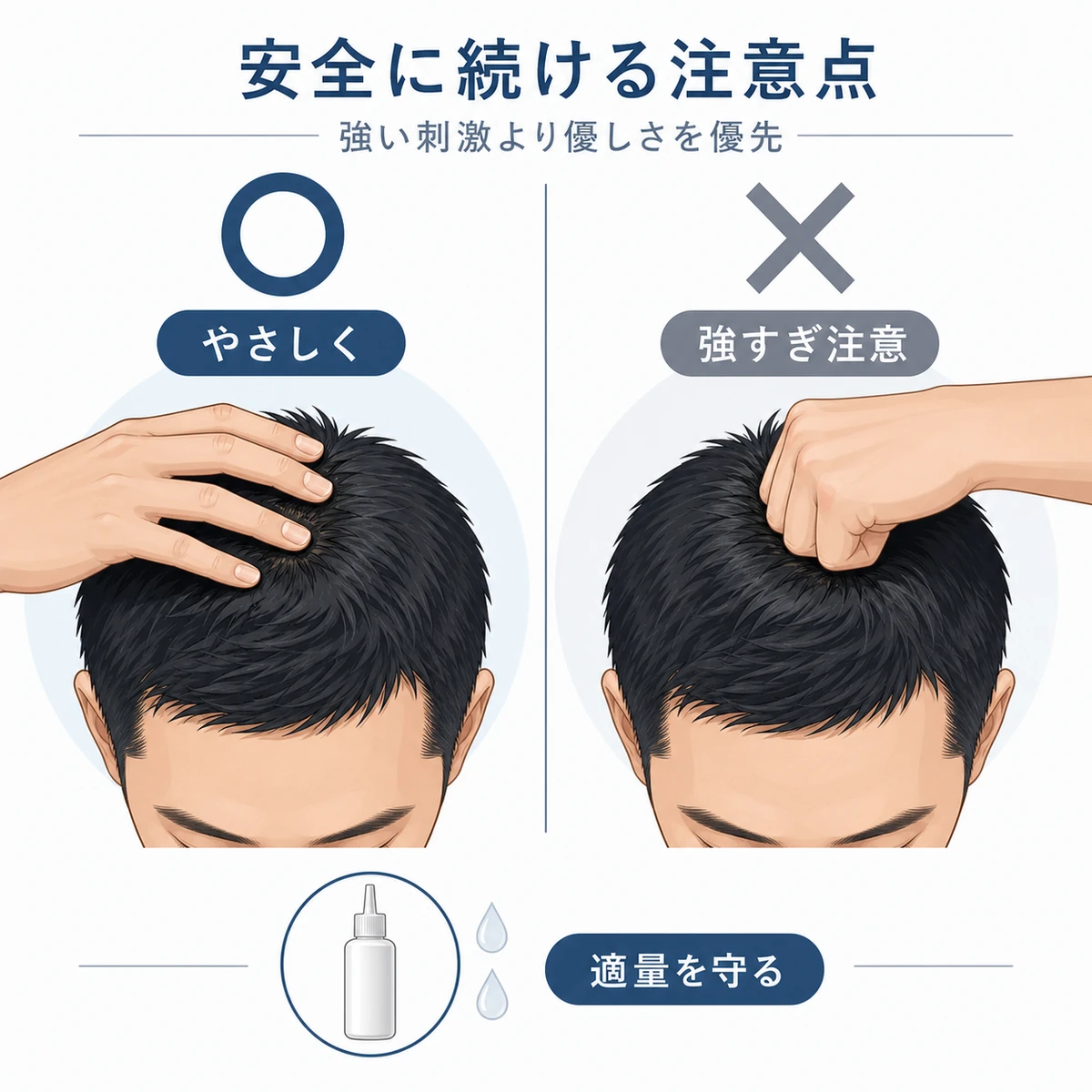 頭皮マッサージを優しく行う正しい方法と強すぎる刺激を避ける注意点を対比した解説イラスト