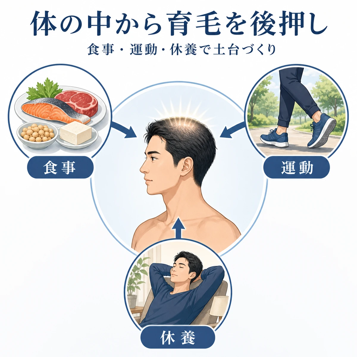食事と運動と休養が体を通して頭皮の育毛を内側から支える関係を中央ハブで表した医療イラスト