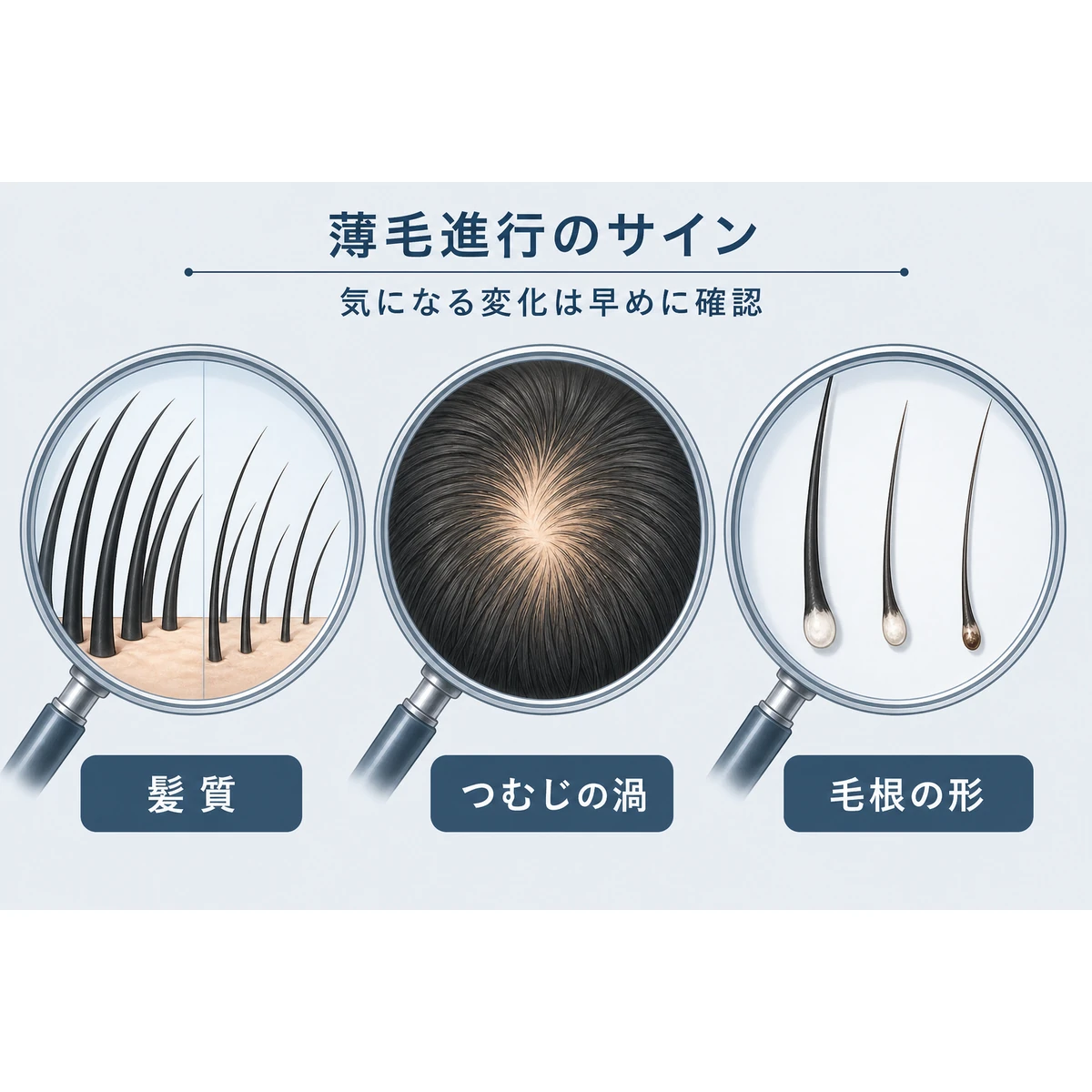 つむじの薄毛進行を見分けるセルフチェックのポイントを示した医療イラスト