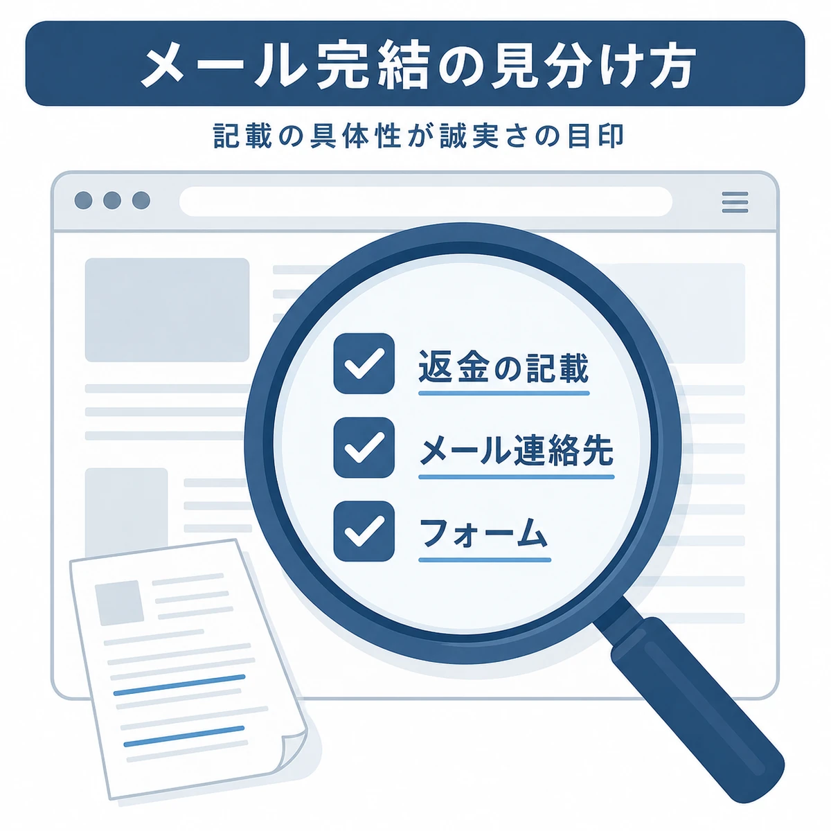 公式サイトの記載を虫眼鏡で確認しデジタル完結メーカーを見分ける手がかりを表した医療系イラスト