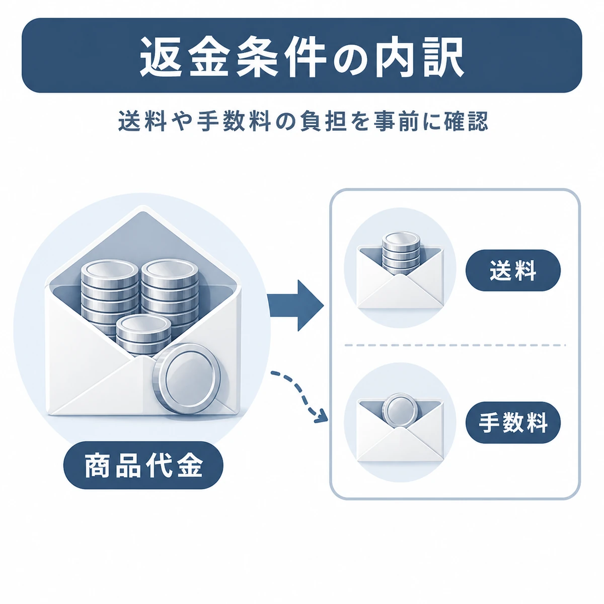 商品代金から送料や手数料が差し引かれる返金額の内訳をコインと封筒で表した医療系イラスト