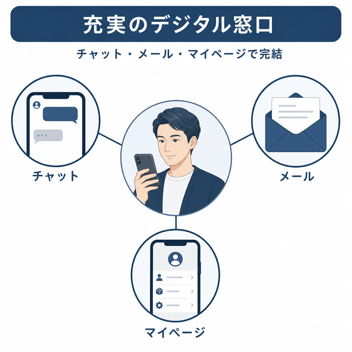 顧客を中心にチャットとメールとマイページの3つのデジタル窓口がつながるサポート体制を表した医療系イラスト