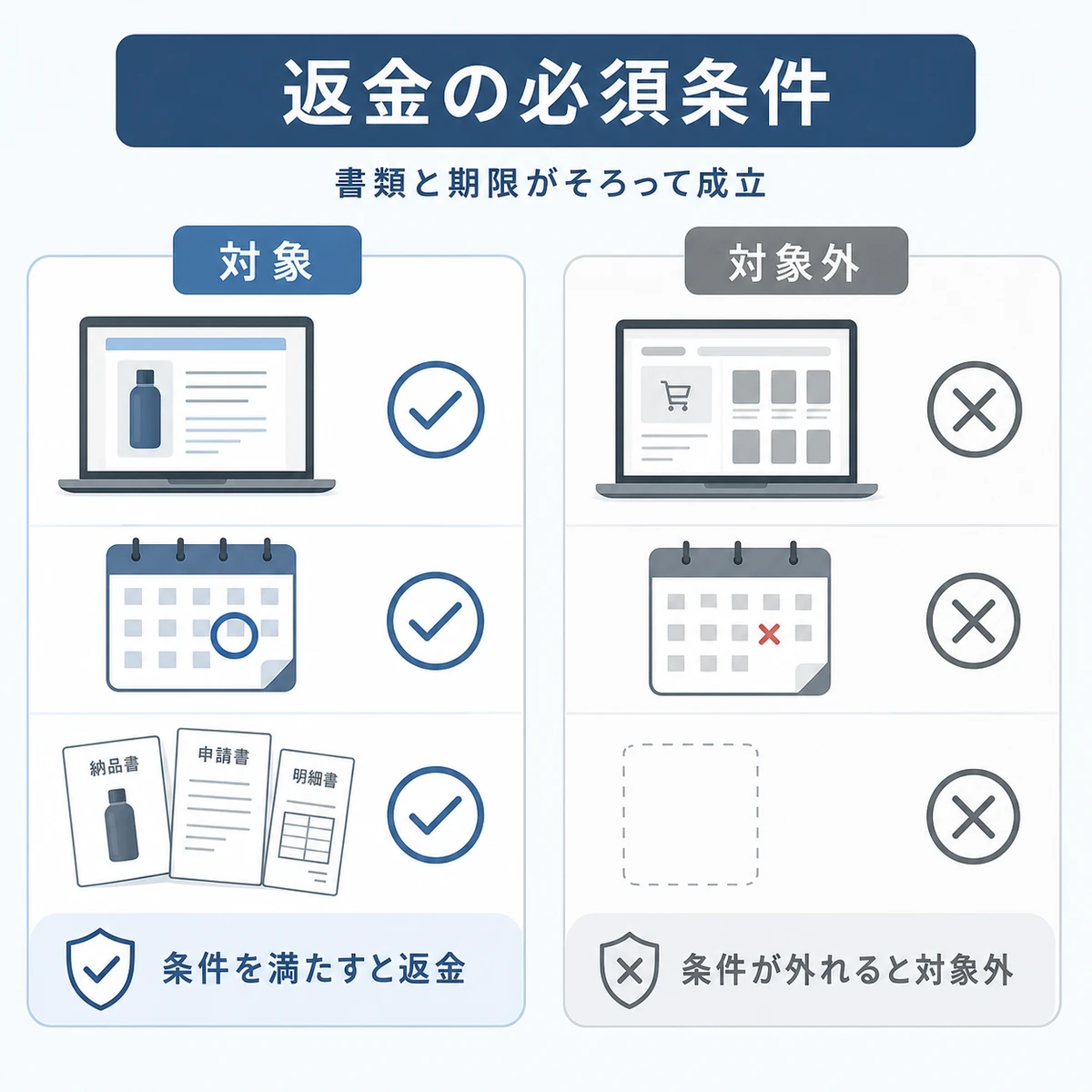公式直販と期限と書類がそろって返金が成立する条件を表した医療イラスト