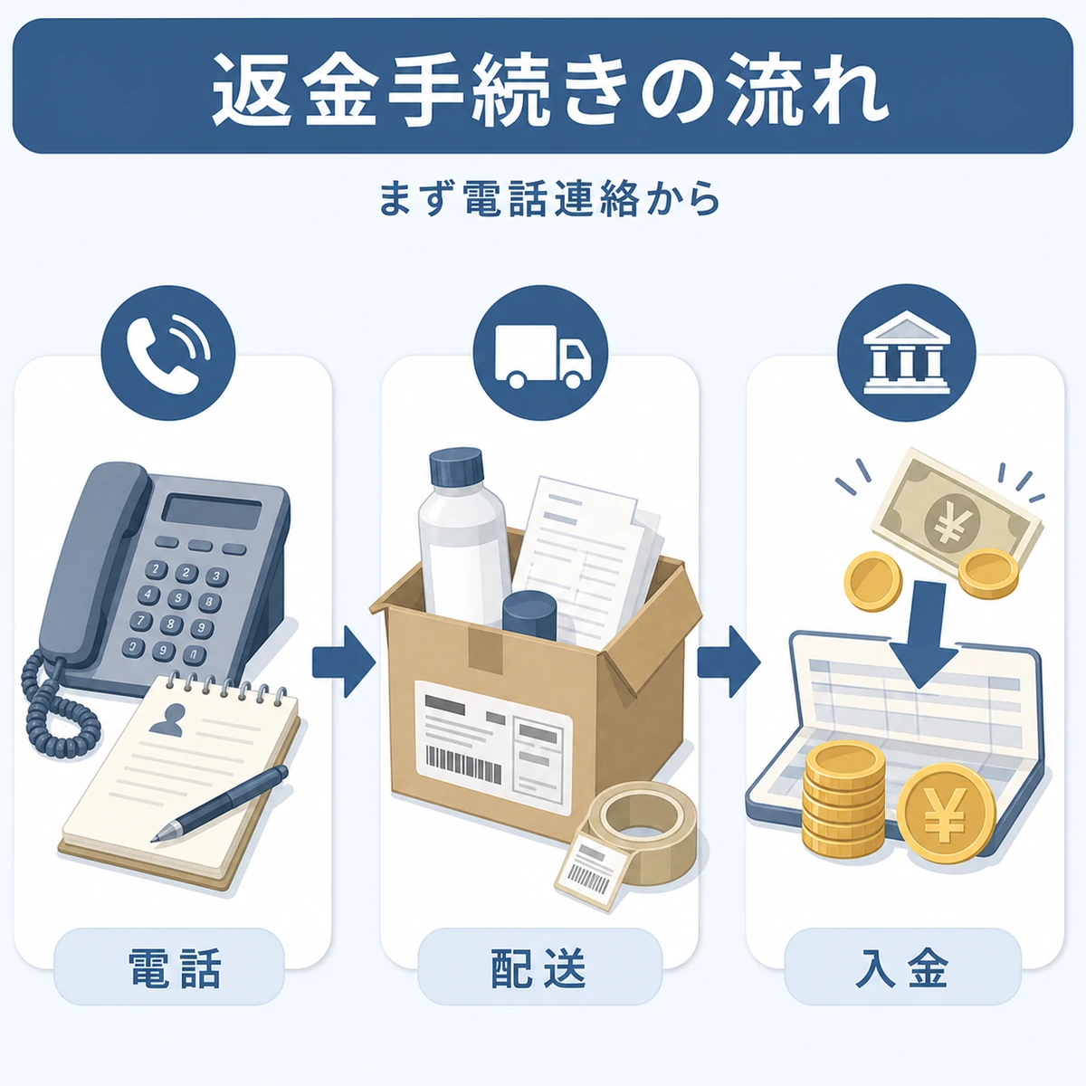 電話連絡から追跡配送を経て口座入金に至る返金手続きの流れを表した医療イラスト
