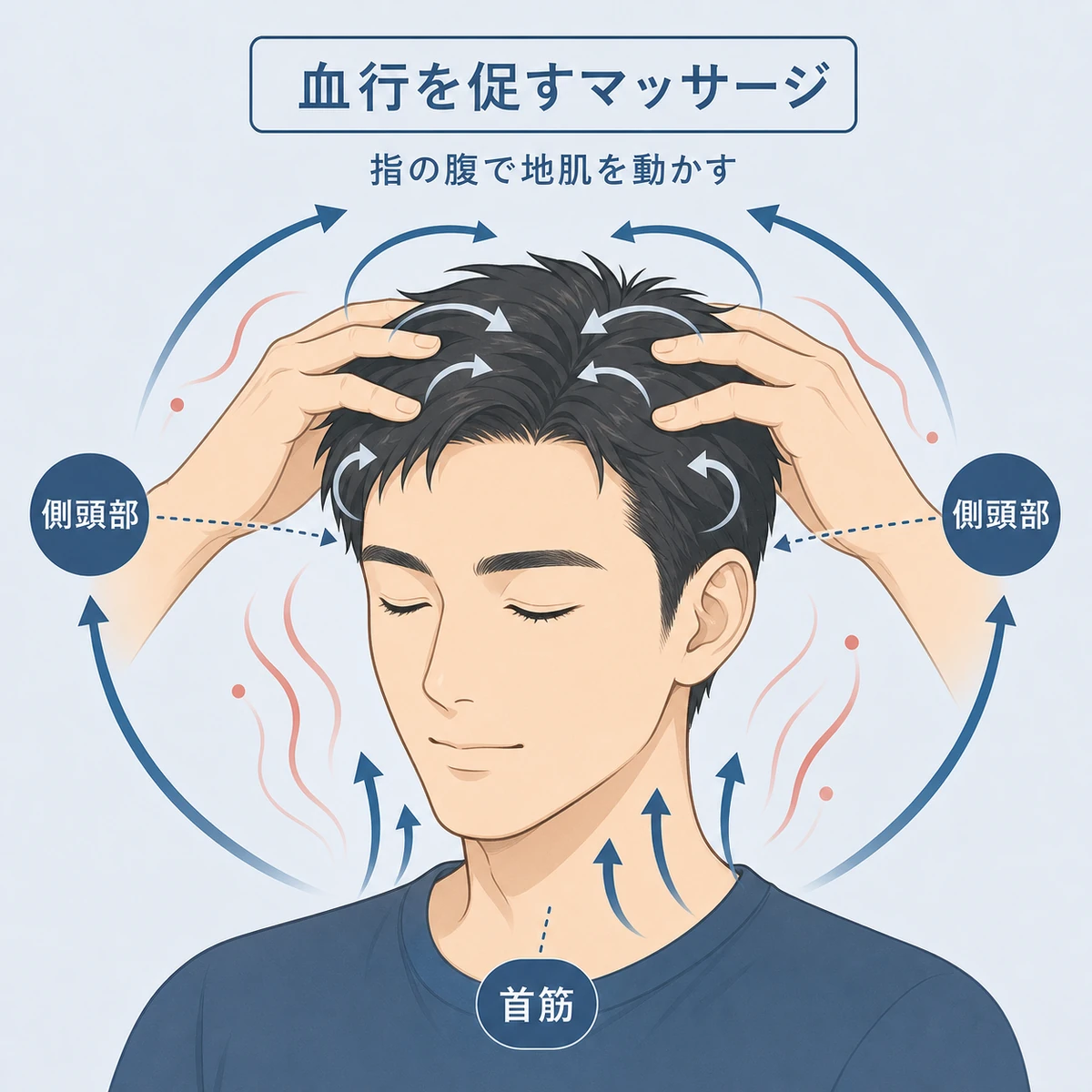 指の腹で頭皮を円を描くように動かして血行を促すマッサージの動きを表した医療イラスト