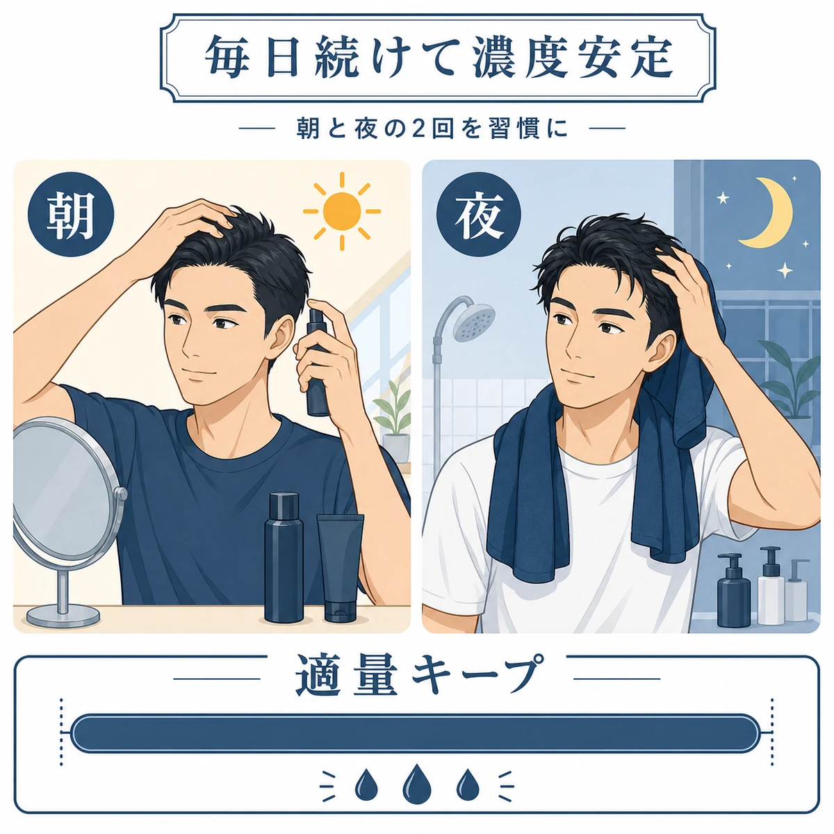 朝と夜の2回続けて頭皮の成分濃度を安定させる習慣を表した医療イラスト