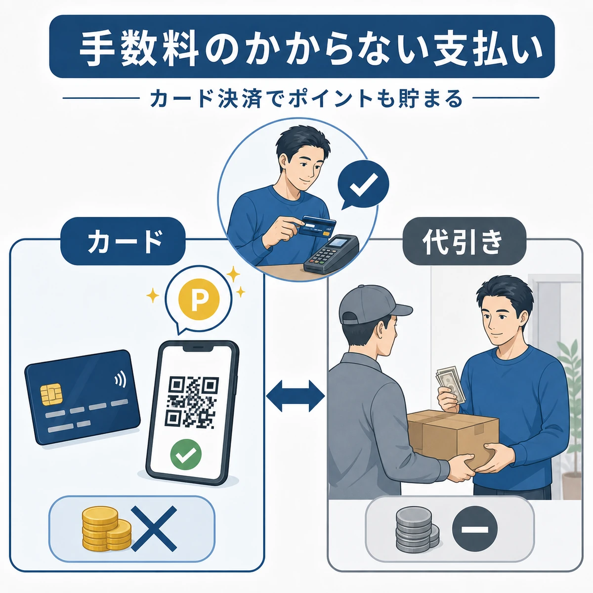 カード決済やスマホ決済を選ぶと余分な手数料を抑えられることを対比で表した医療イラスト