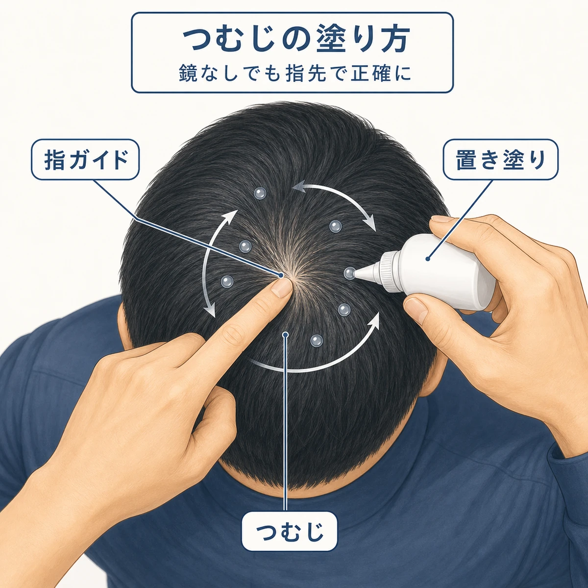 指先でつむじを押さえながらノズルでジェルを置き塗りする手順を真上から表した医療イラスト