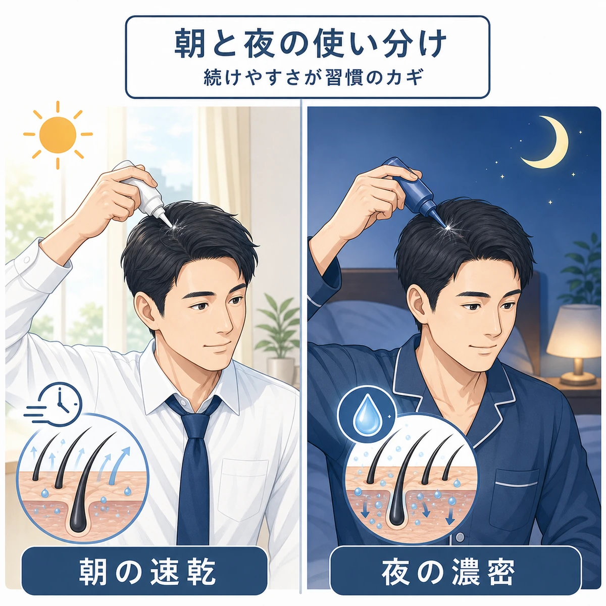 朝は速乾ジェル夜は濃密ジェルと生活リズムで使い分ける習慣を表した医療イラスト