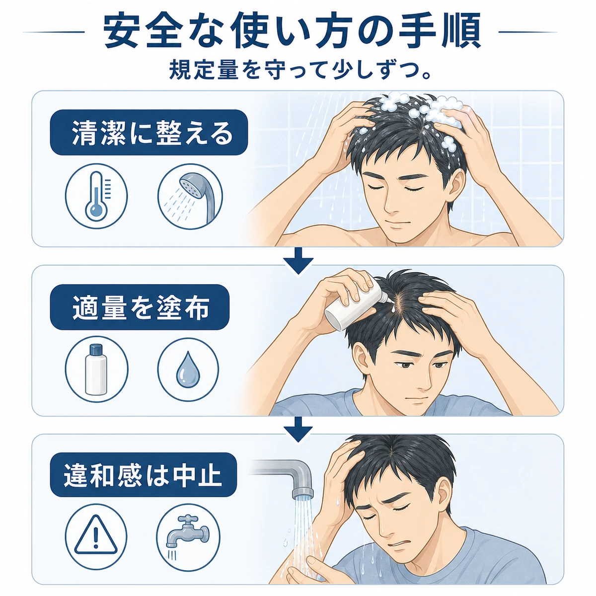育毛剤を安全に使うための正しい手順を表した医療イラスト