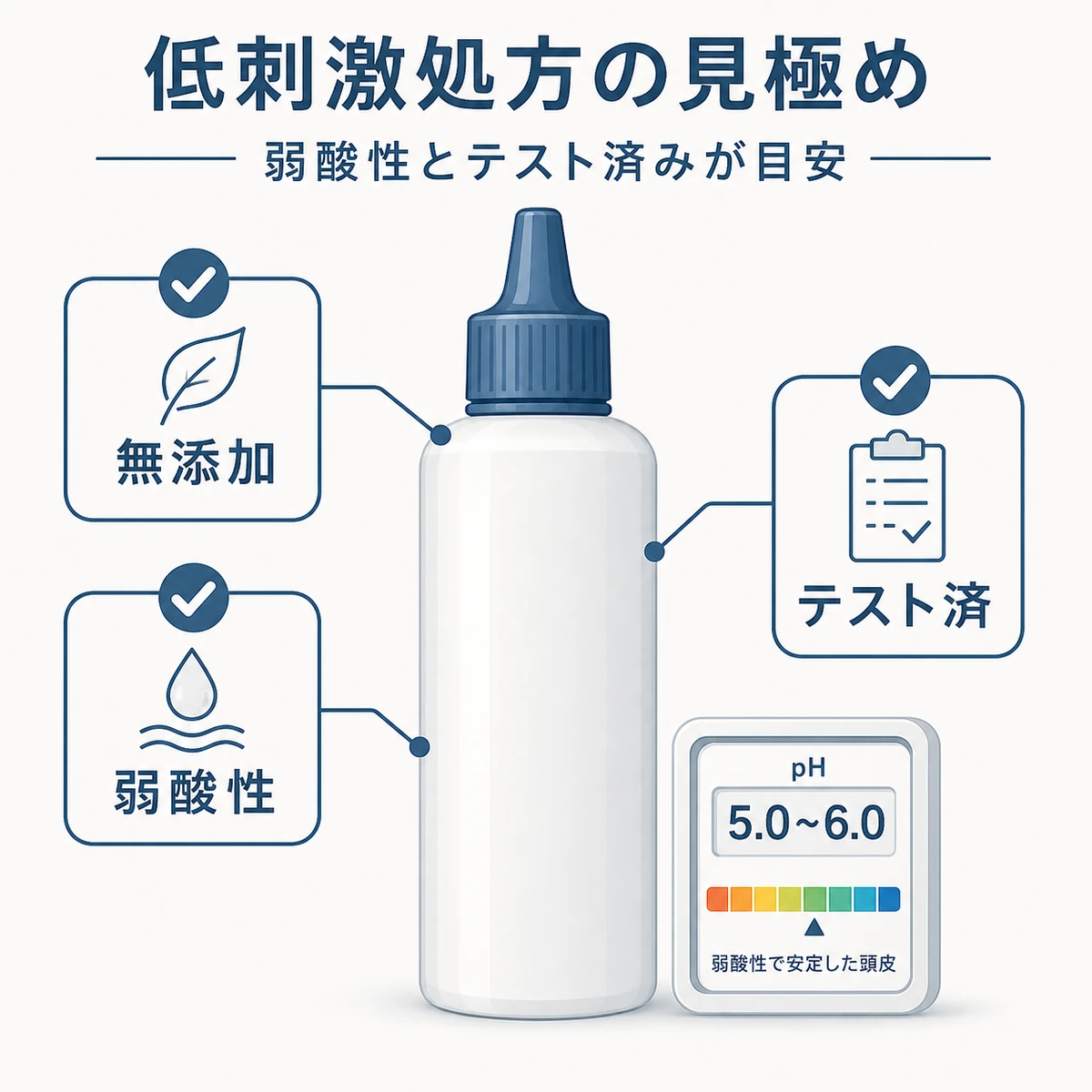 低刺激処方の育毛剤を見極めるチェックポイントを表した医療イラスト