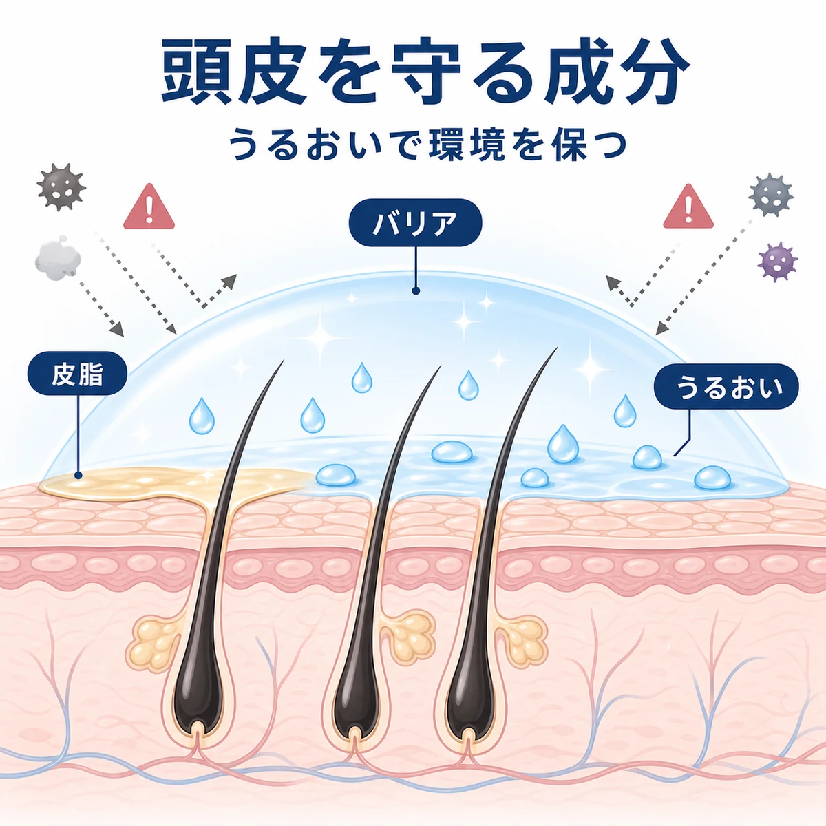 うるおいバリアが刺激から頭皮を守る抗炎症と保湿の働きを表した医療イラスト