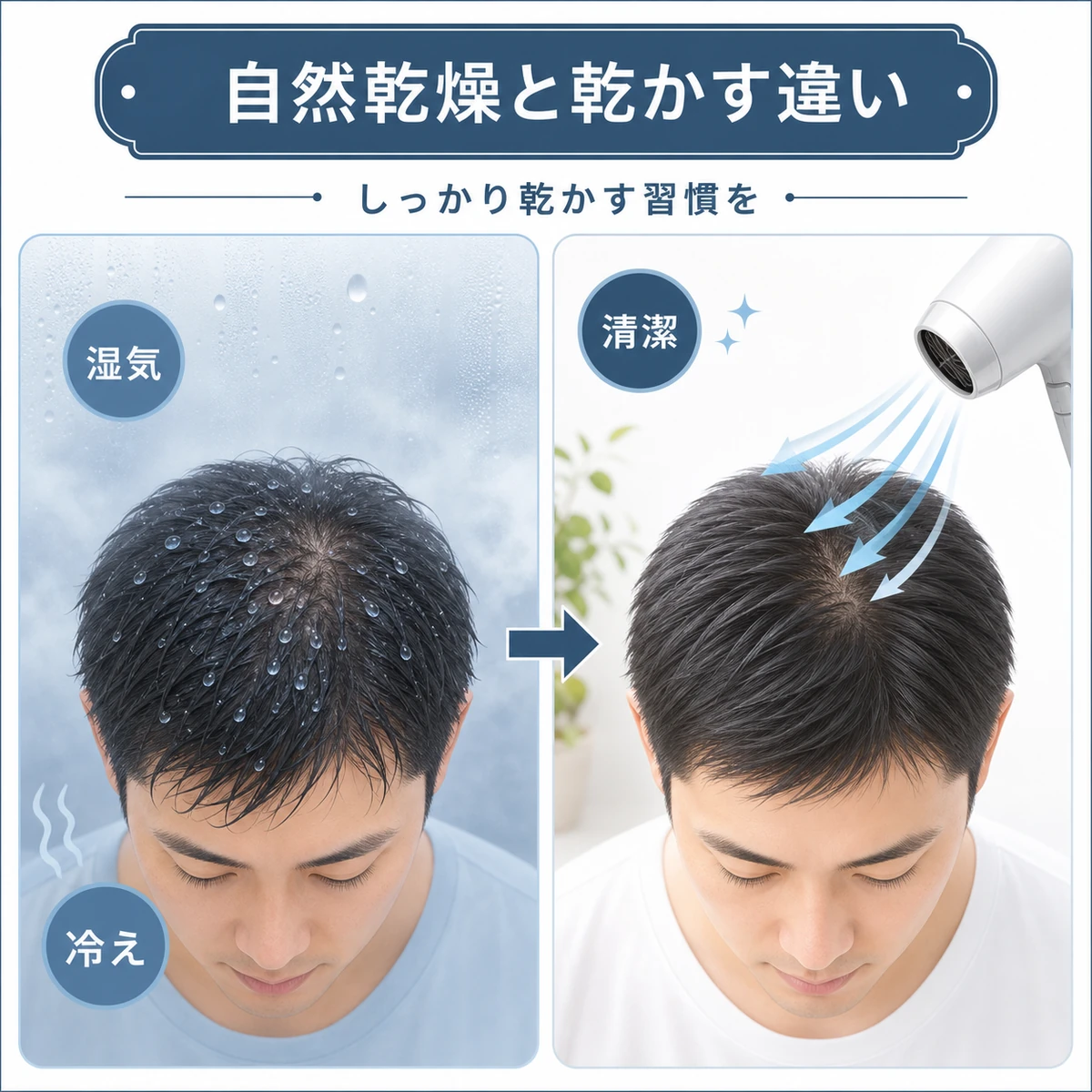 自然乾燥の湿った頭皮とドライヤーで乾かした清潔な頭皮を左右で対比した男性向け医療イラスト