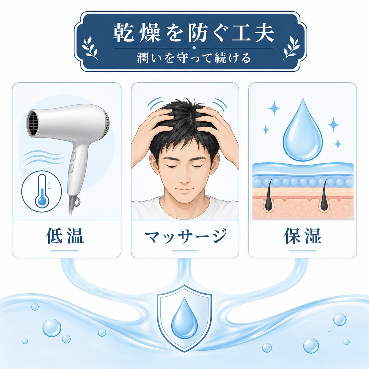 低温設定と頭皮マッサージと保湿で乾燥を防ぐ3つの工夫を並べた男性向け医療イラスト