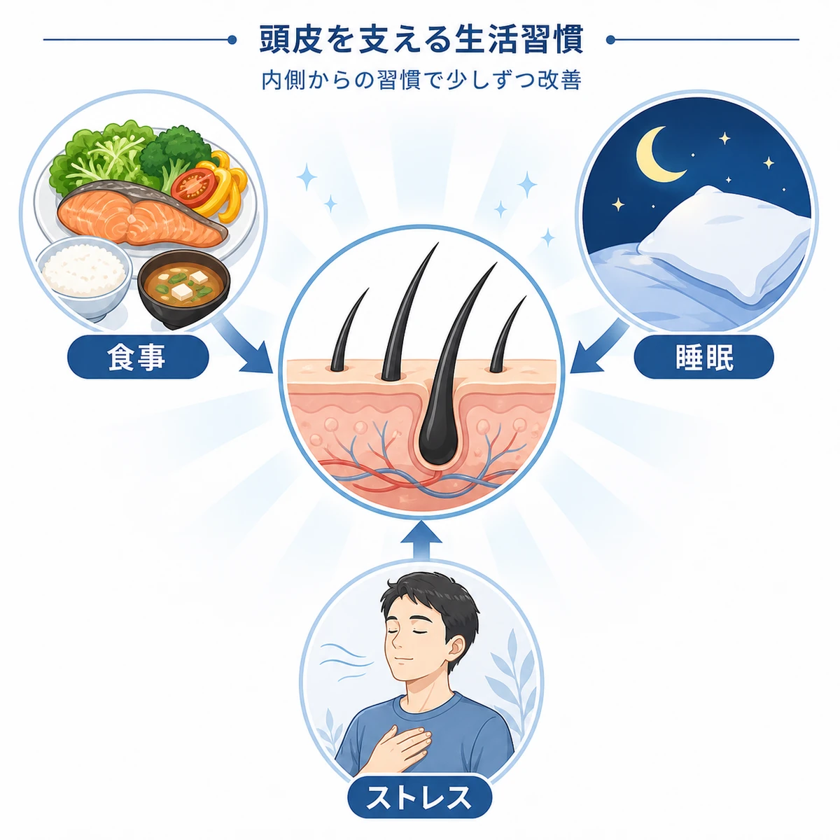 食事・睡眠・ストレスケアが頭皮環境を支える関係を表した医療イラスト