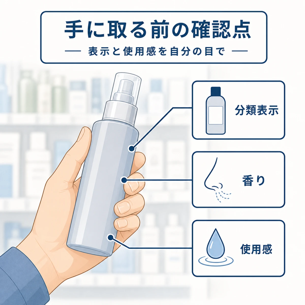 手に取った育毛剤ボトルから分類表示・香り・使用感の確認ポイントが伸びる様子を表した解説イラスト