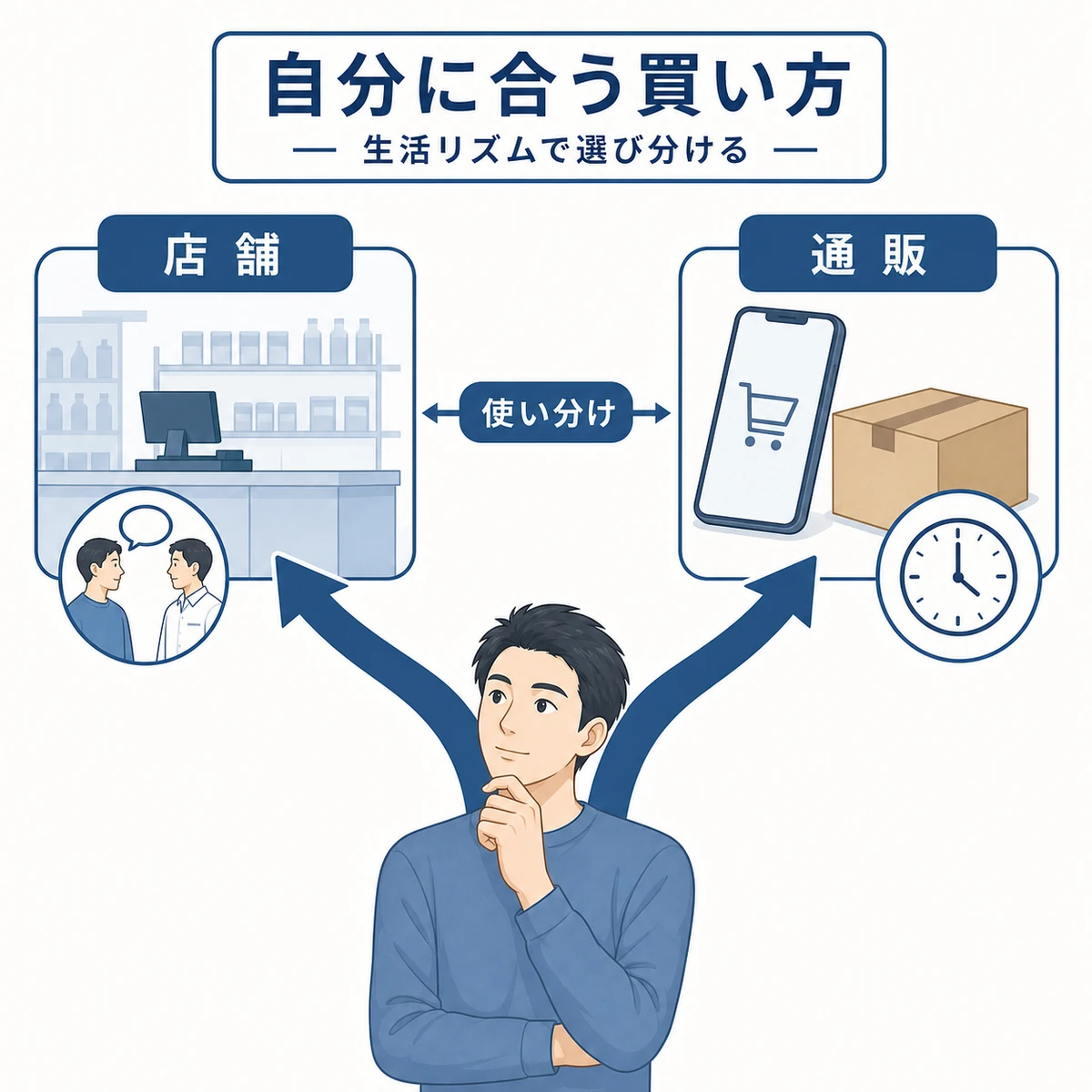 男性が店舗と通販の分かれ道で自分に合う買い方を選び分ける様子を表した解説イラスト