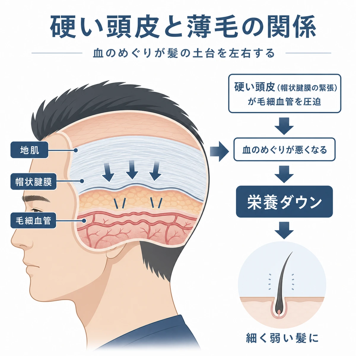 硬い頭皮で帽状腱膜が張り毛細血管が圧迫され髪の栄養が届きにくくなる仕組みを表した医療イラスト