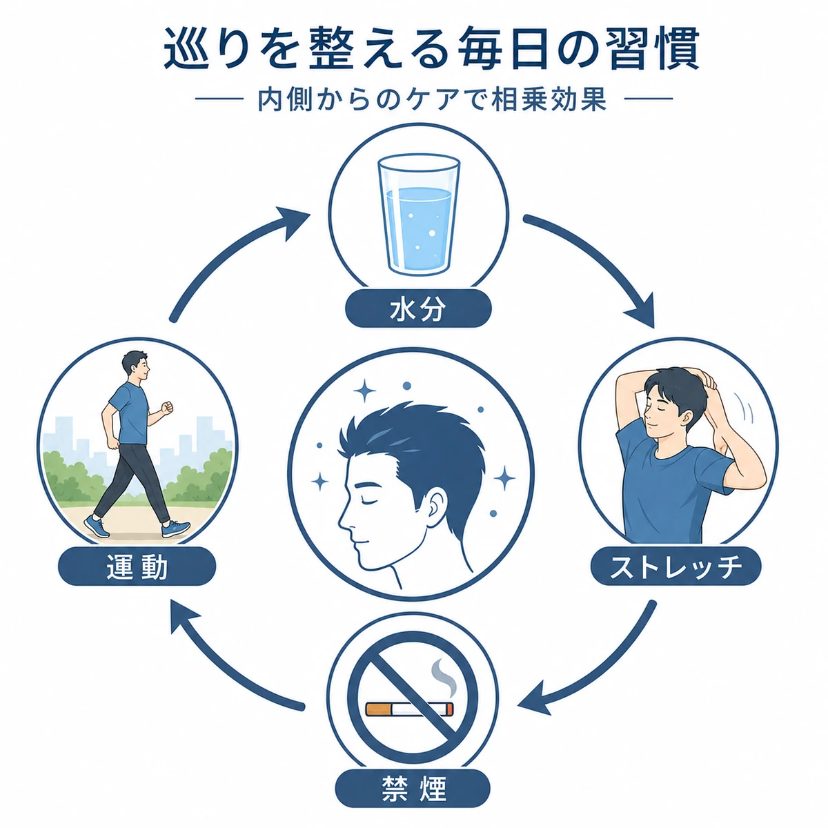 水分補給やストレッチや禁煙や運動など頭皮の血行を促す毎日の習慣を円環で表した男性向けイラスト