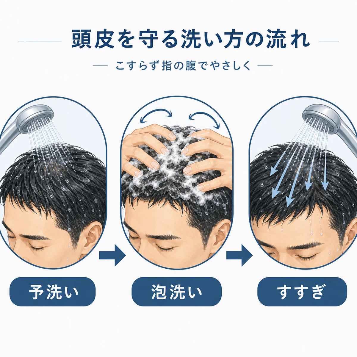 予洗いから泡洗いすすぎまで頭皮をいたわるシャンプーの手順を左から右へ表した男性向けイラスト