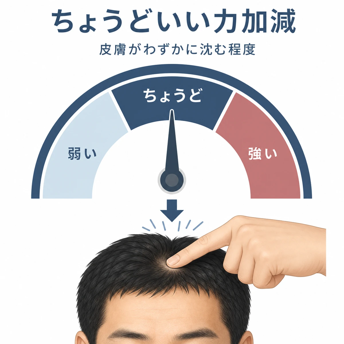 頭皮マッサージの力加減をメーターで表した育毛イラスト