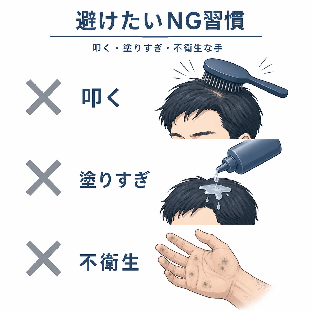 叩く塗りすぎ不衛生な手など避けたい頭皮ケア習慣を並べた育毛イラスト