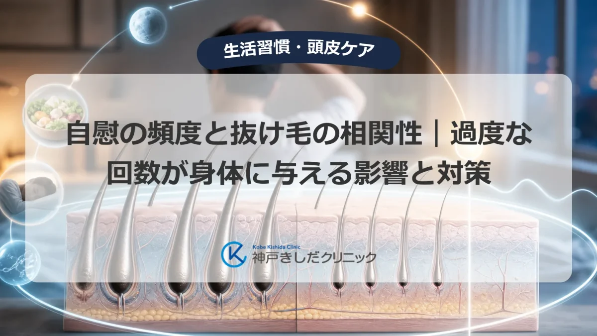 自慰の頻度や生活リズムと薄毛の関係を気にする男性と、頭皮と毛根の医療イメージ