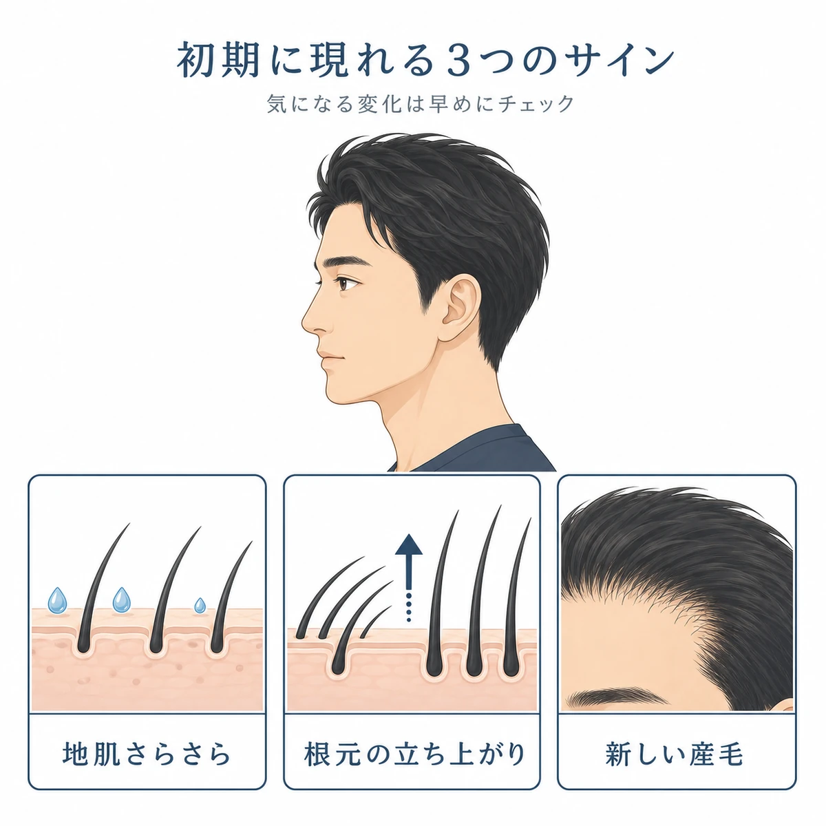 頭皮環境と髪質に現れる初期変化のサインを3つのカードで表した医療イラスト