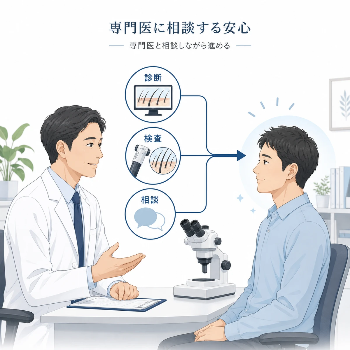 専門医が男性患者に頭皮の状態を診断し不安が安心へ変わる流れを表した医療イラスト