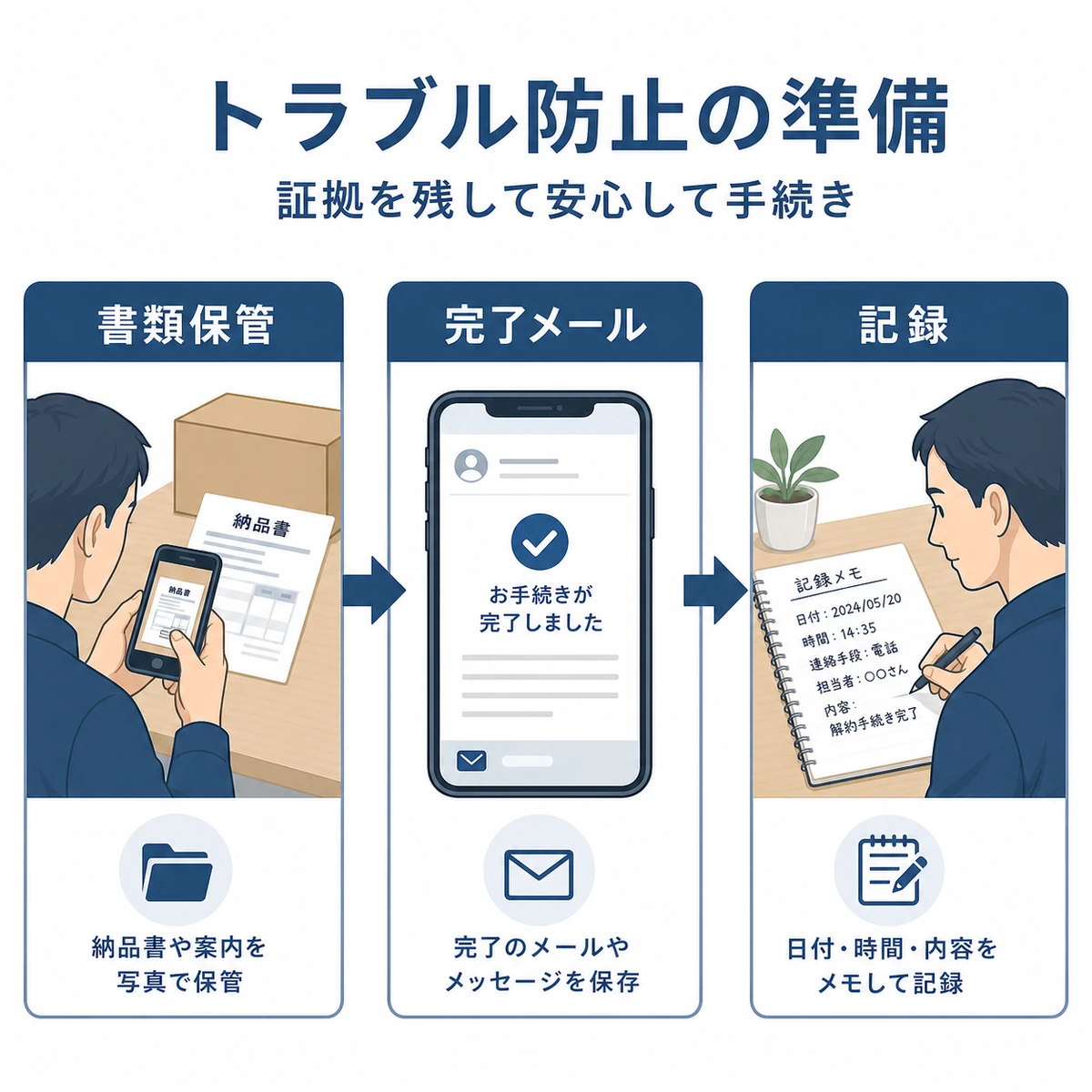 書類保管から完了メール確認までの解約トラブル防止の流れを表した医療イラスト