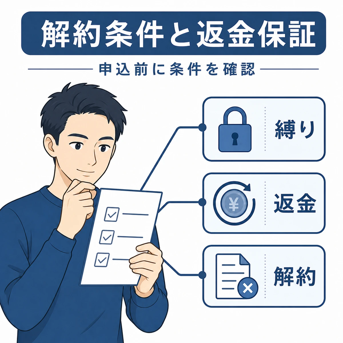 成人男性が定期コースの解約条件と返金保証の確認ポイントを見比べる育毛剤のイラスト