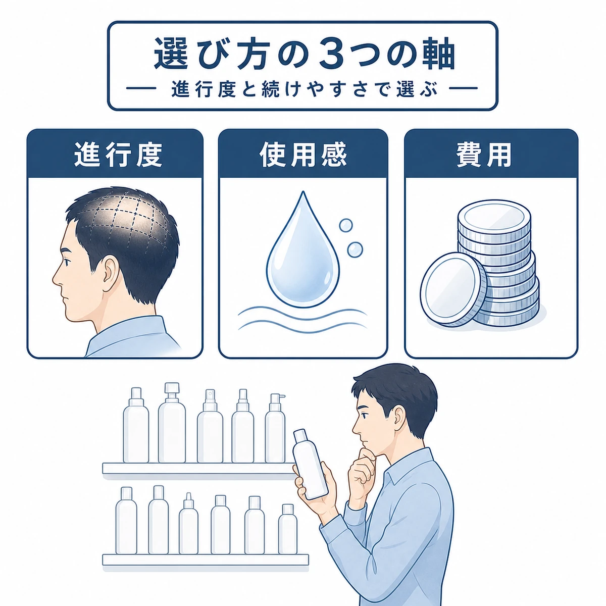 進行度と使用感と費用という育毛剤選びの軸を並べた医療イラスト