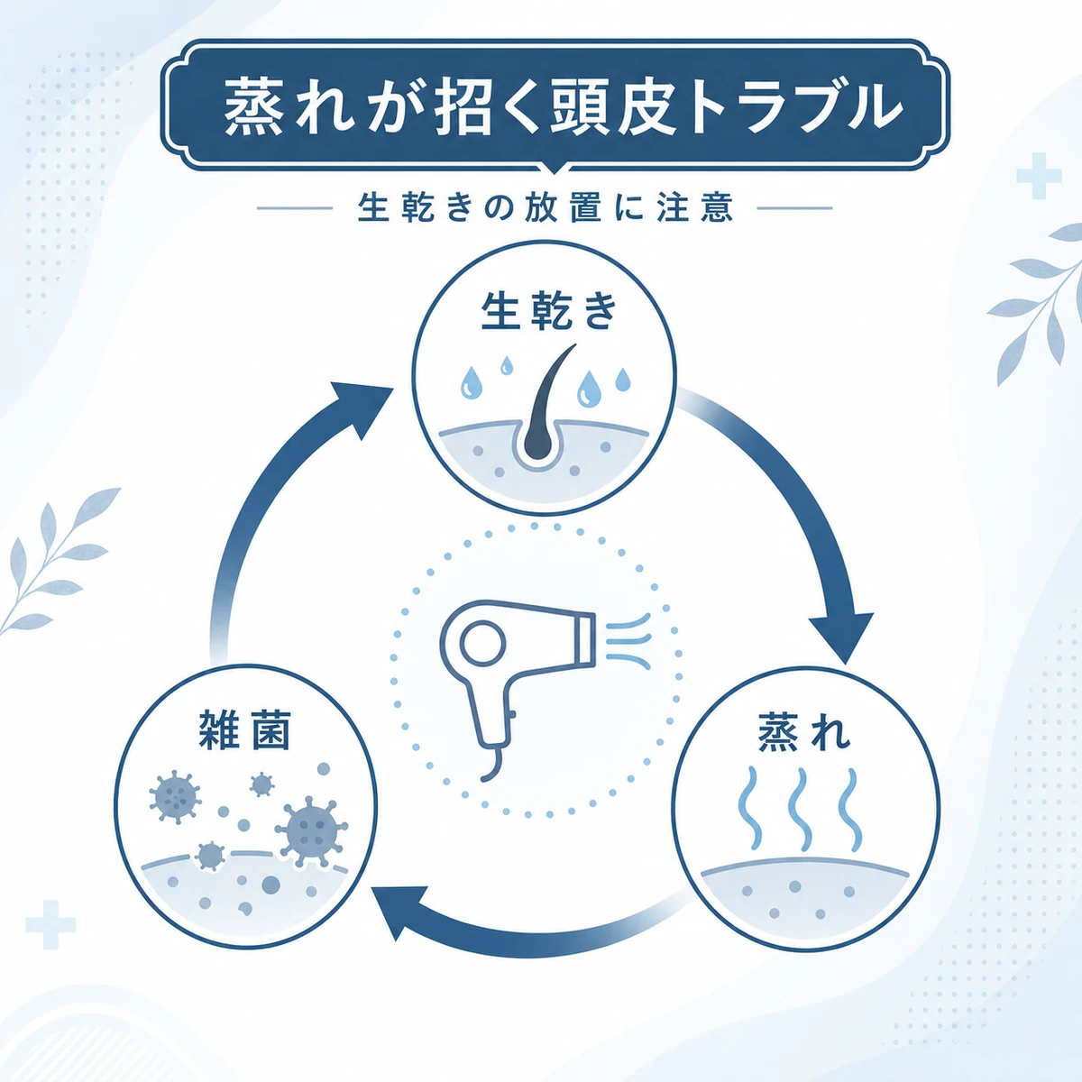 生乾きの放置から蒸れと雑菌の繁殖へ進む頭皮トラブルの悪循環を表した医療イラスト