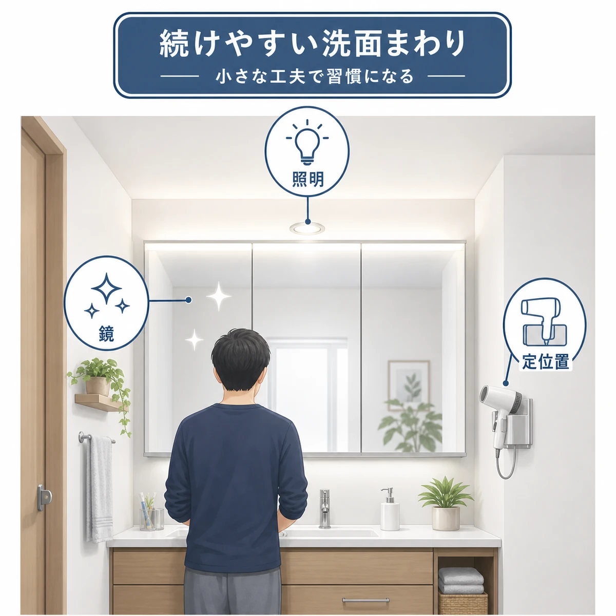 照明と道具の定位置と鏡を整えてケアを続けやすくする洗面環境を表した医療イラスト
