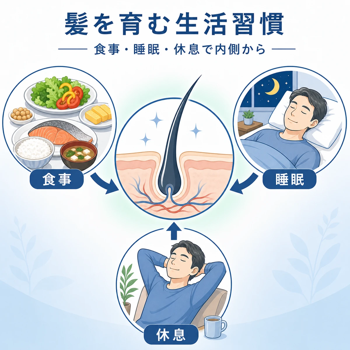 食事や睡眠などの生活習慣が内側から髪の健康を支える関係を表した医療イラスト