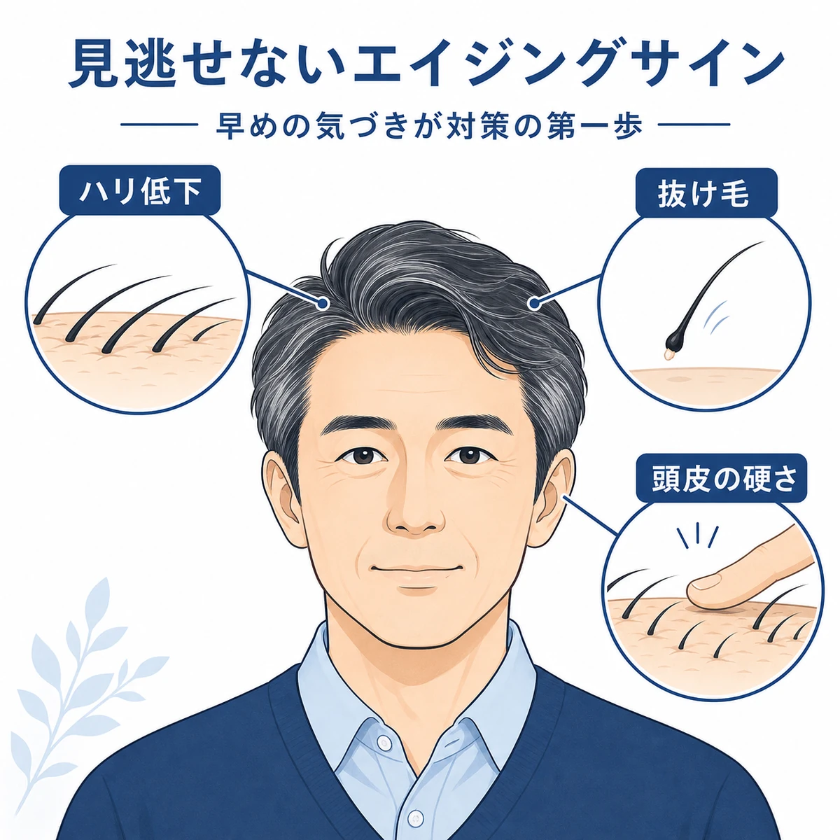 髪のハリ低下や細い抜け毛など加齢による頭皮の変化のサインを表した医療イラスト