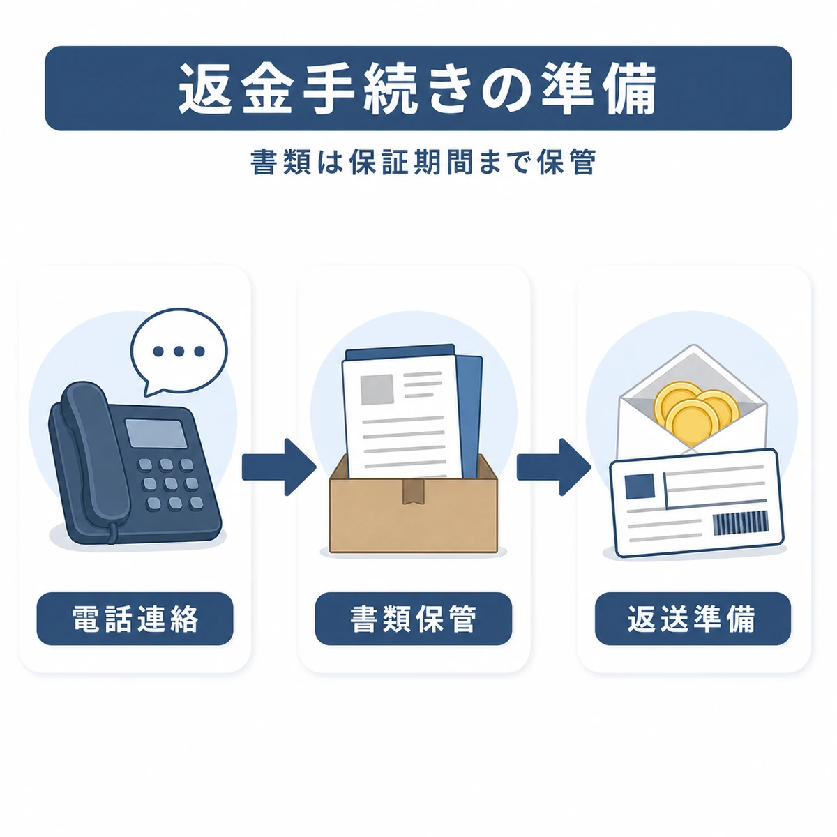 電話連絡から書類保管・返送準備まで返金手続きの流れを表した図解イラスト