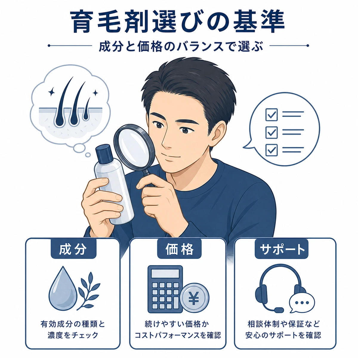成人男性が成分と価格を見比べて育毛剤を選ぶ基準を表したイラスト