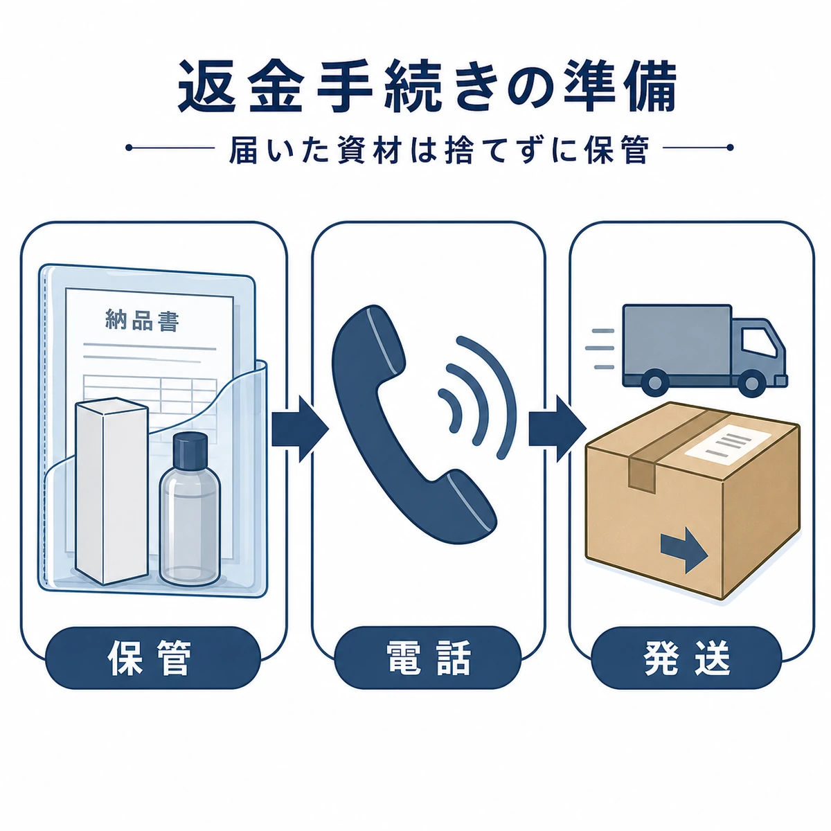 返金手続きに備えて保管から電話連絡、発送まで進める準備の流れを表したイラスト