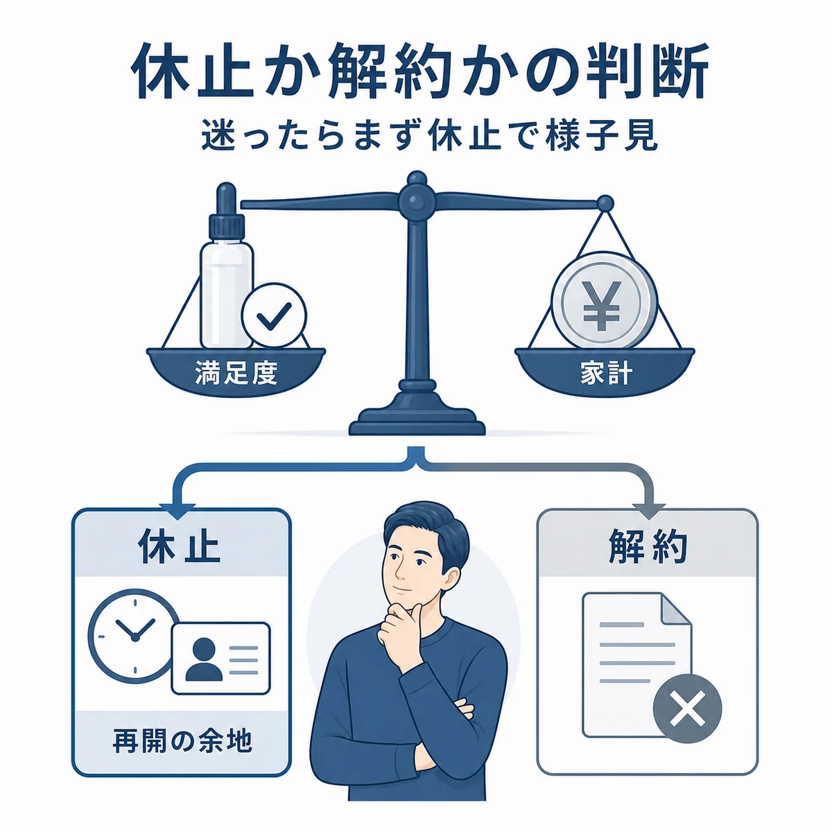 満足度と家計を天秤にかけて休止と解約の分かれ道を判断する様子を表した医療イラスト
