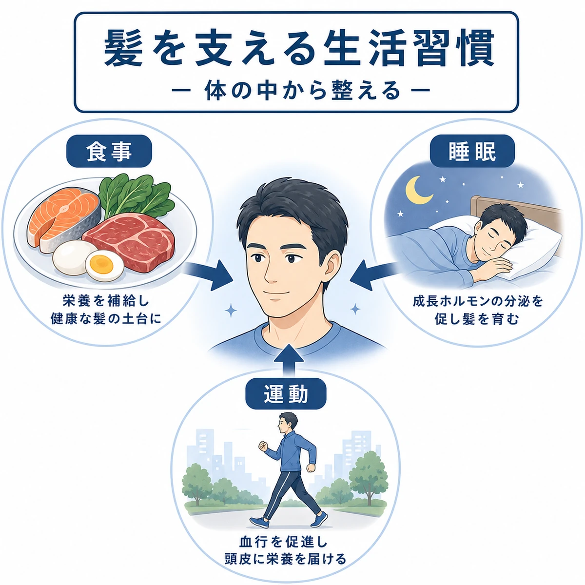 食事・睡眠・運動が髪の健康を支える生活習慣を頭部に集まる相関図で表した解説イラスト
