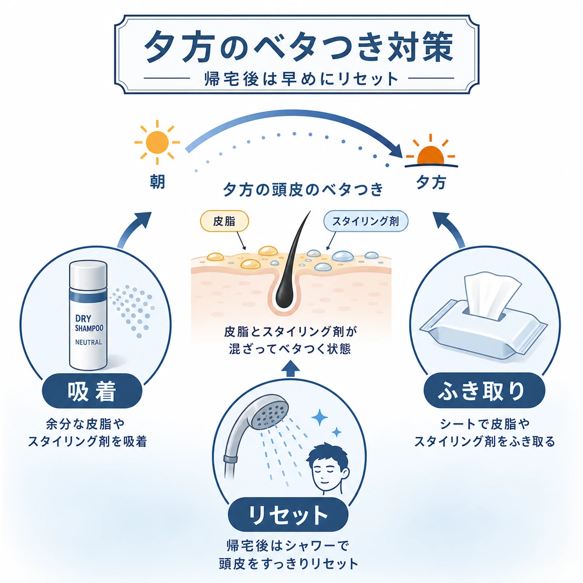 夕方の頭皮のベタつきを対処アイテムで防ぐ流れを相関図で表した医療イラスト