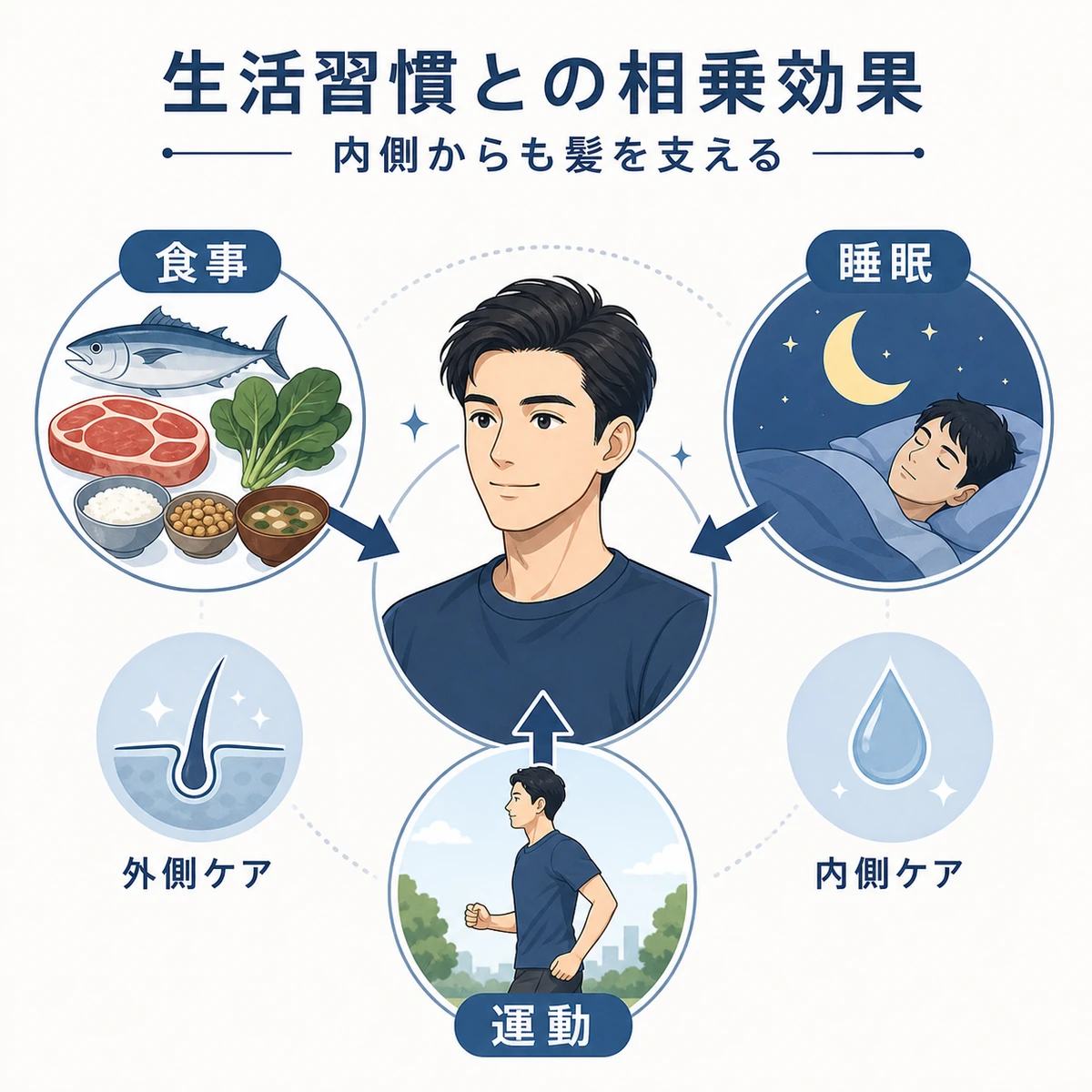 食事と睡眠と運動が頭皮と髪を支える相乗効果を表した医療イラスト