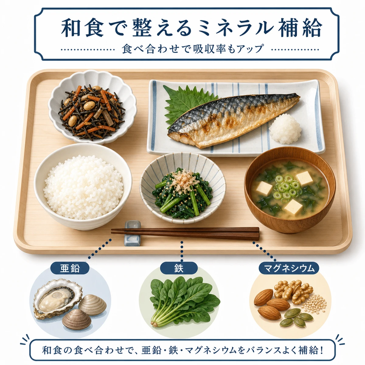 和食の一膳で亜鉛・鉄・マグネシウムを揃える食事を俯瞰で表した医療イラスト