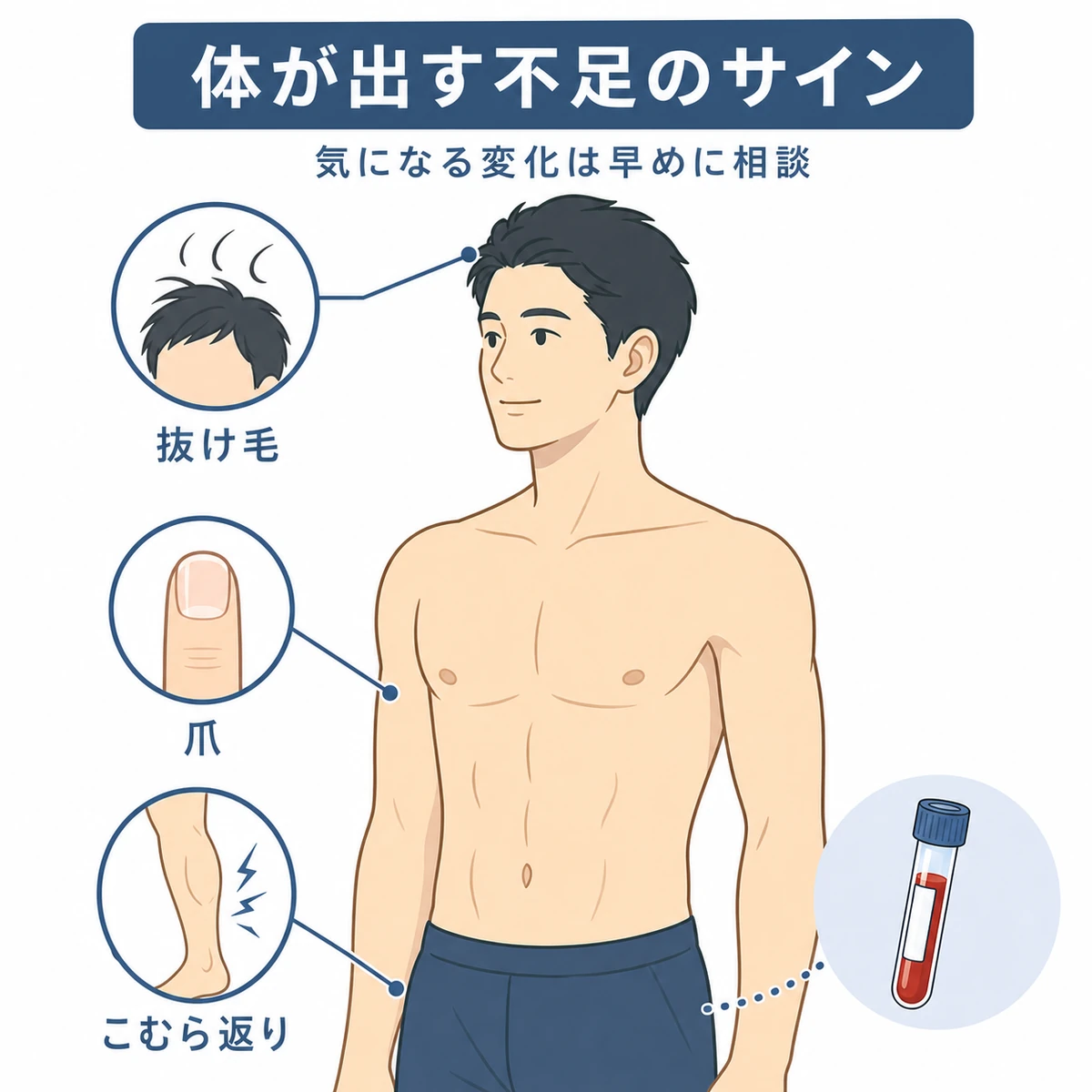 体の各所にあらわれるミネラル不足のサインと血液検査を表した医療イラスト