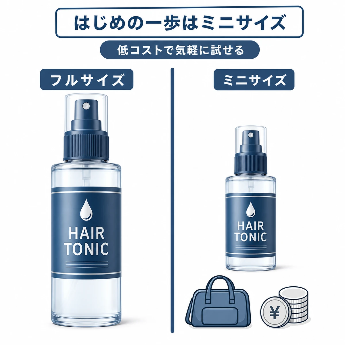 フルサイズとミニサイズの育毛剤ボトルを大小で並べて比較した医療イラスト