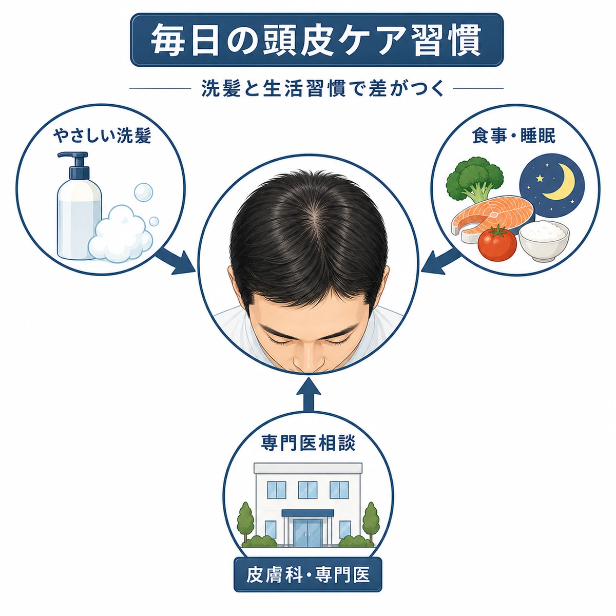 洗髪や食事睡眠など毎日の頭皮ケア習慣が育毛を支える関係を示した医療イラスト