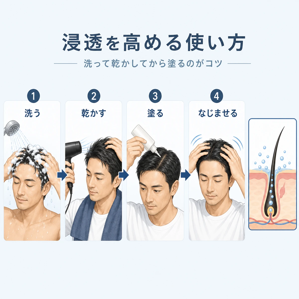 洗髪から塗布・マッサージまで浸透を高める使い方の流れを表した男性向け医療イラスト